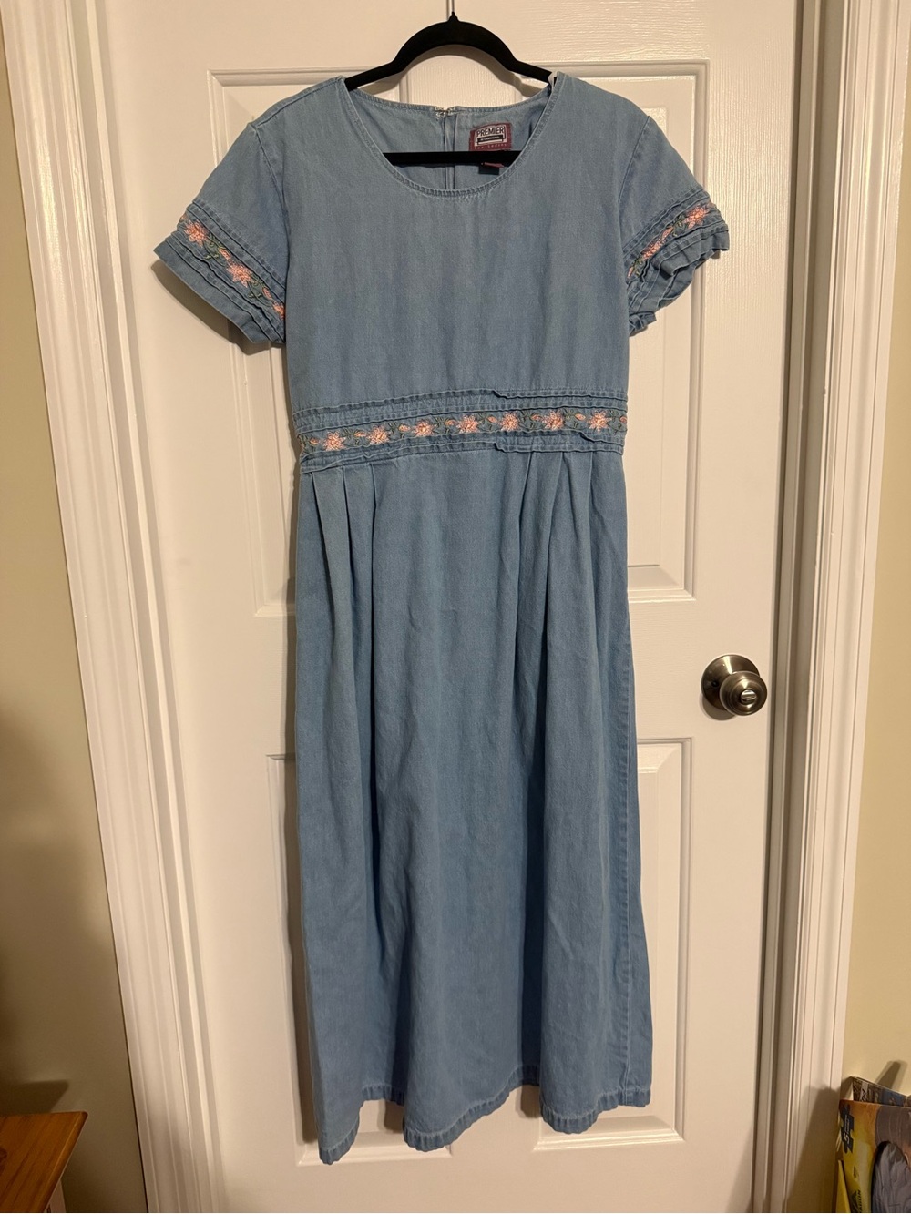 Vintage Premier International Floral Embroidered Denim Maxi Dress Large Cottagec